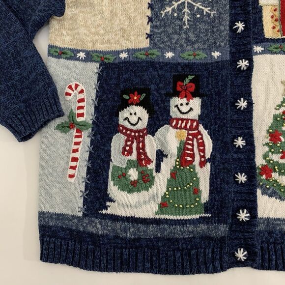 VTG Tiara Christmas Cardigan Sweater 2X Navy Crochet Knit Grandma Holiday Snow - Picture 4 of 10